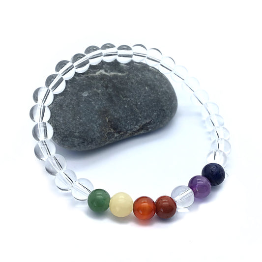 Pulsera 7 chackras con cuarzo blanco bolas 6mm