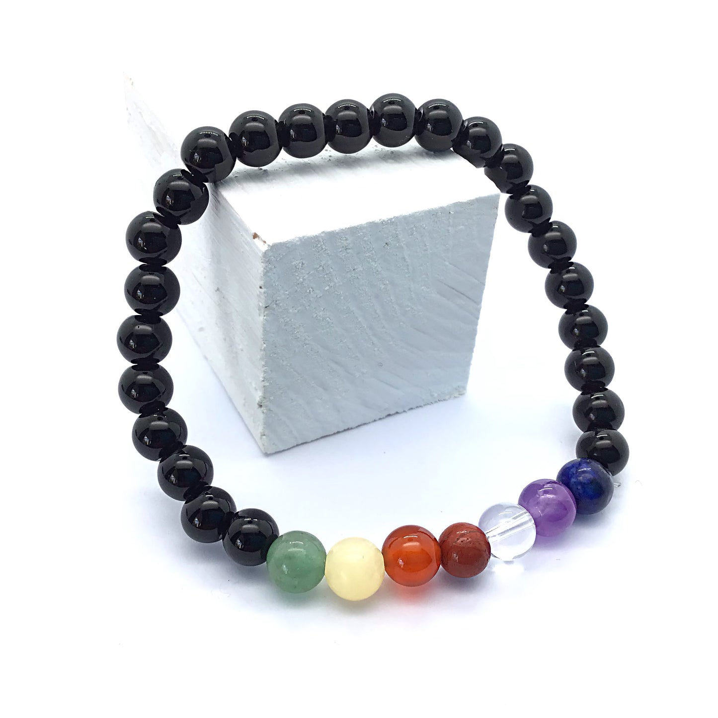 Pulsera 7 chakras con obsidiana negra bolas 6mm