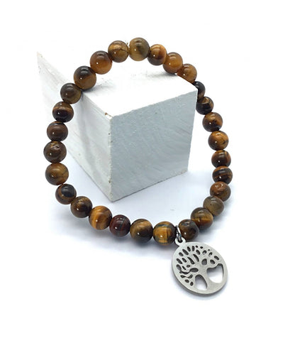 Pulsera ojo de tigre bolas 6mm con árbol de la vida