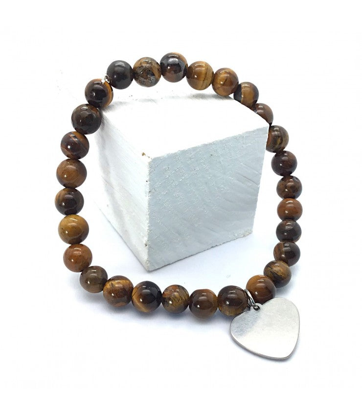 Pulsera ojo de tigre bolas 6mm con dije de corazón
