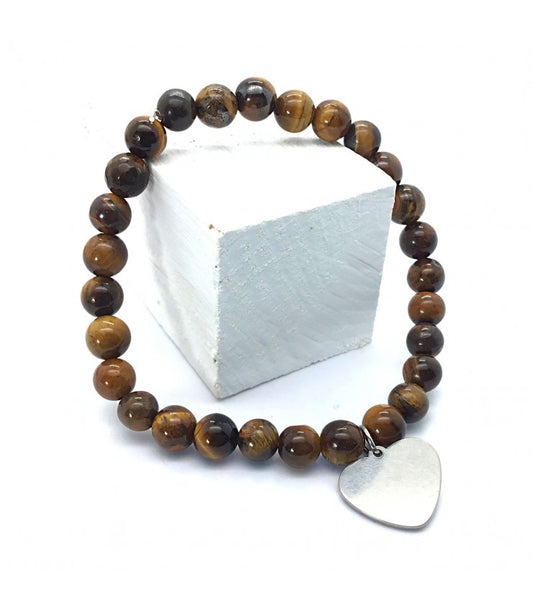 Pulsera ojo de tigre bolas 6mm con dije de corazón