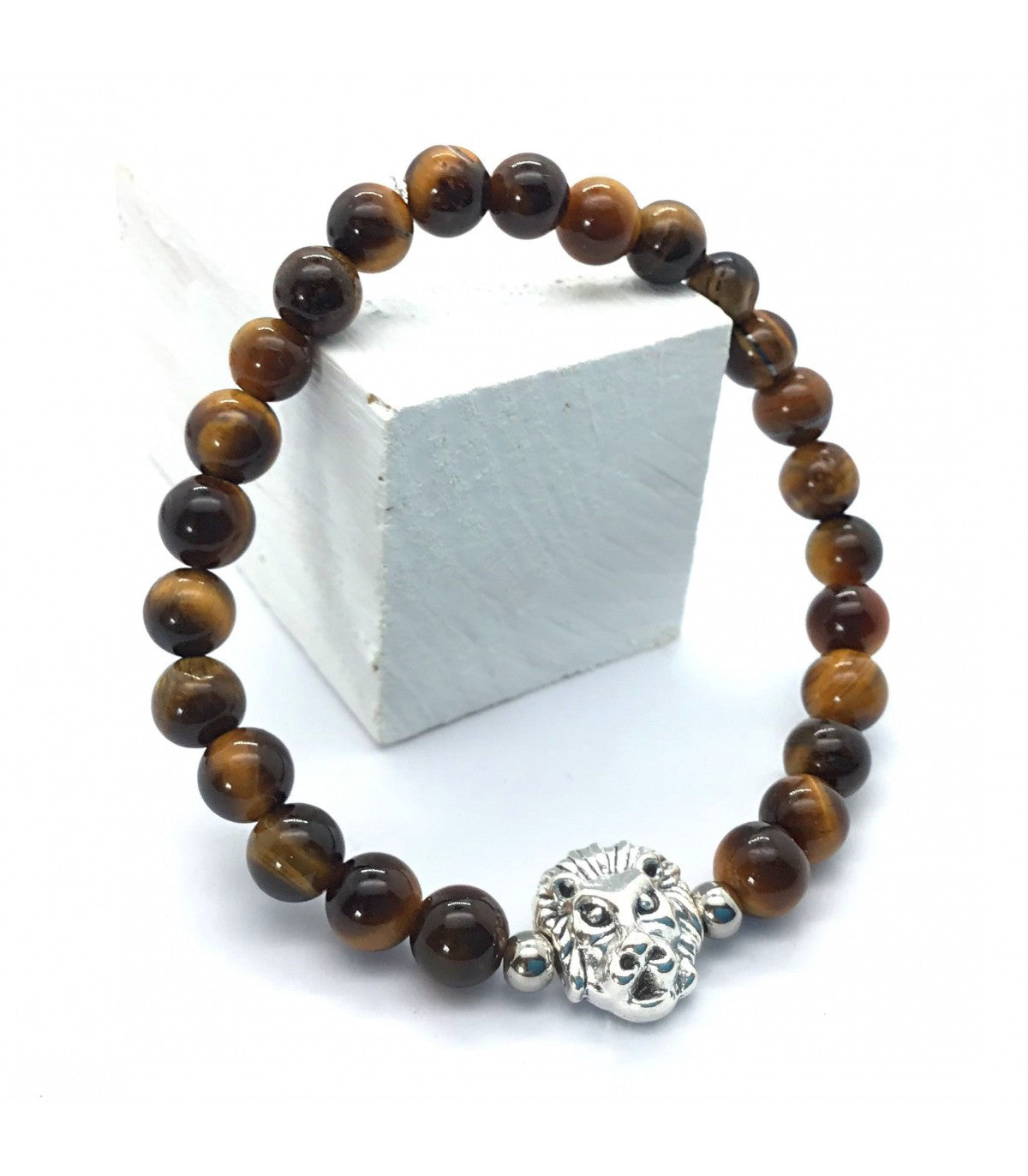 Pulsera ojo de tigre bolas 6mm con dije de león
