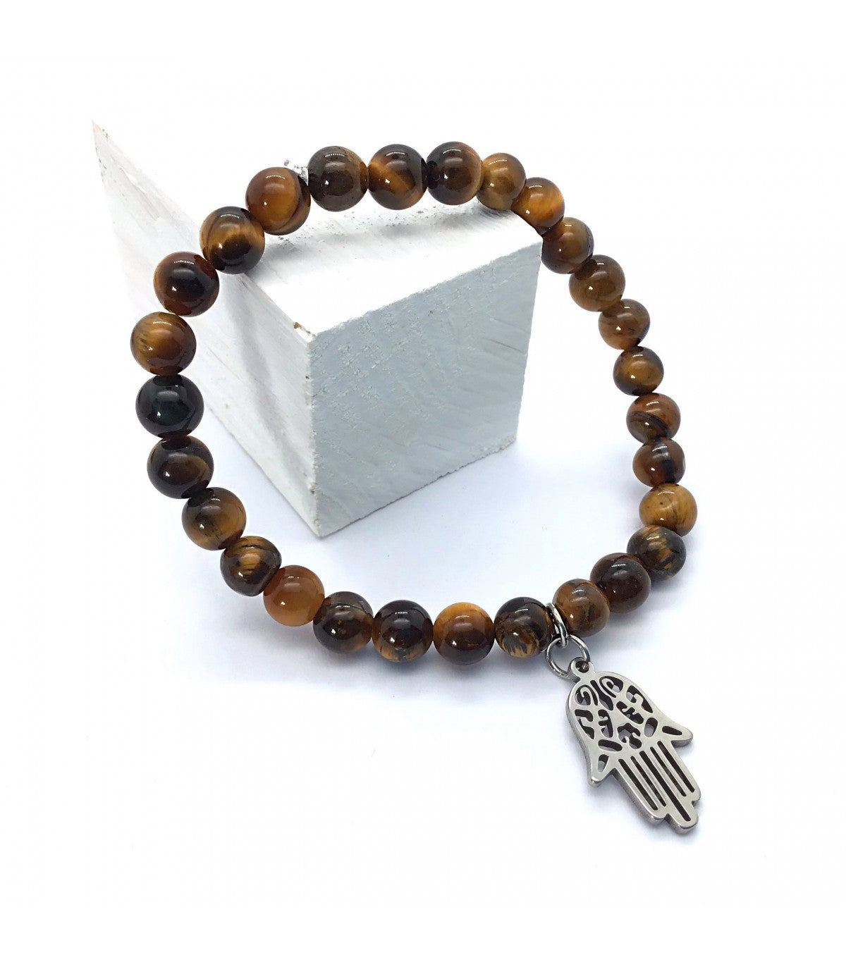 Pulsera ojo de tigre bolas 6mm con mano fátima