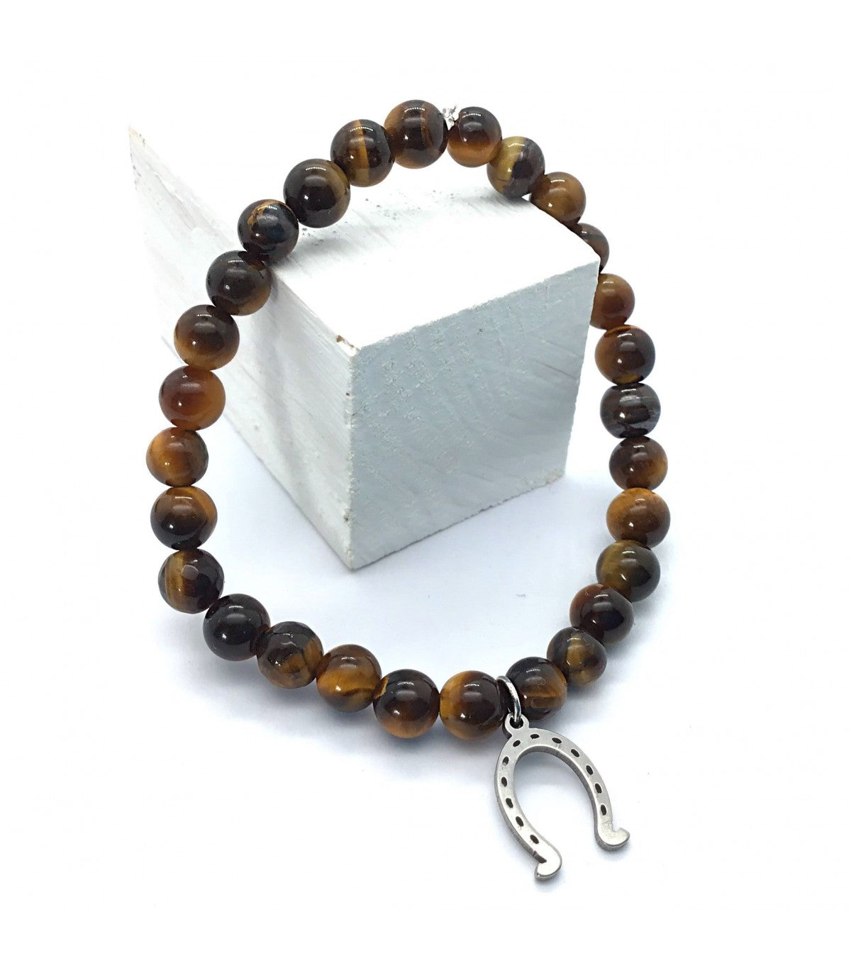 Pulsera ojo de tigre bolas 6mm con dije de herradura