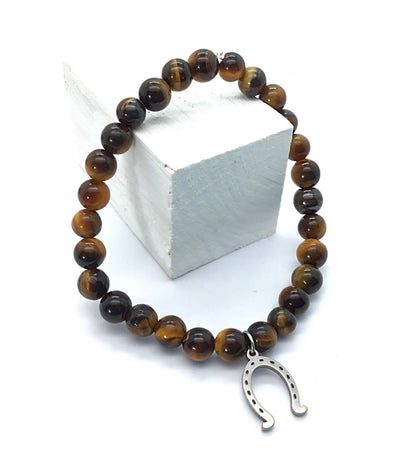 Pulsera ojo de tigre bolas 6mm con dije de herradura