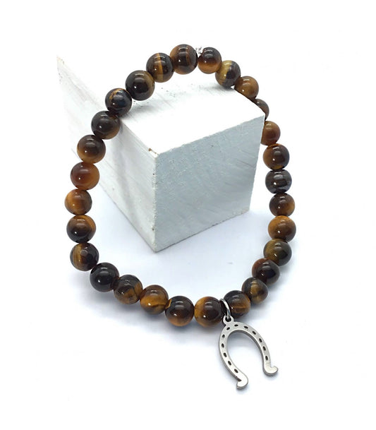 Pulsera ojo de tigre bolas 6mm con dije de herradura