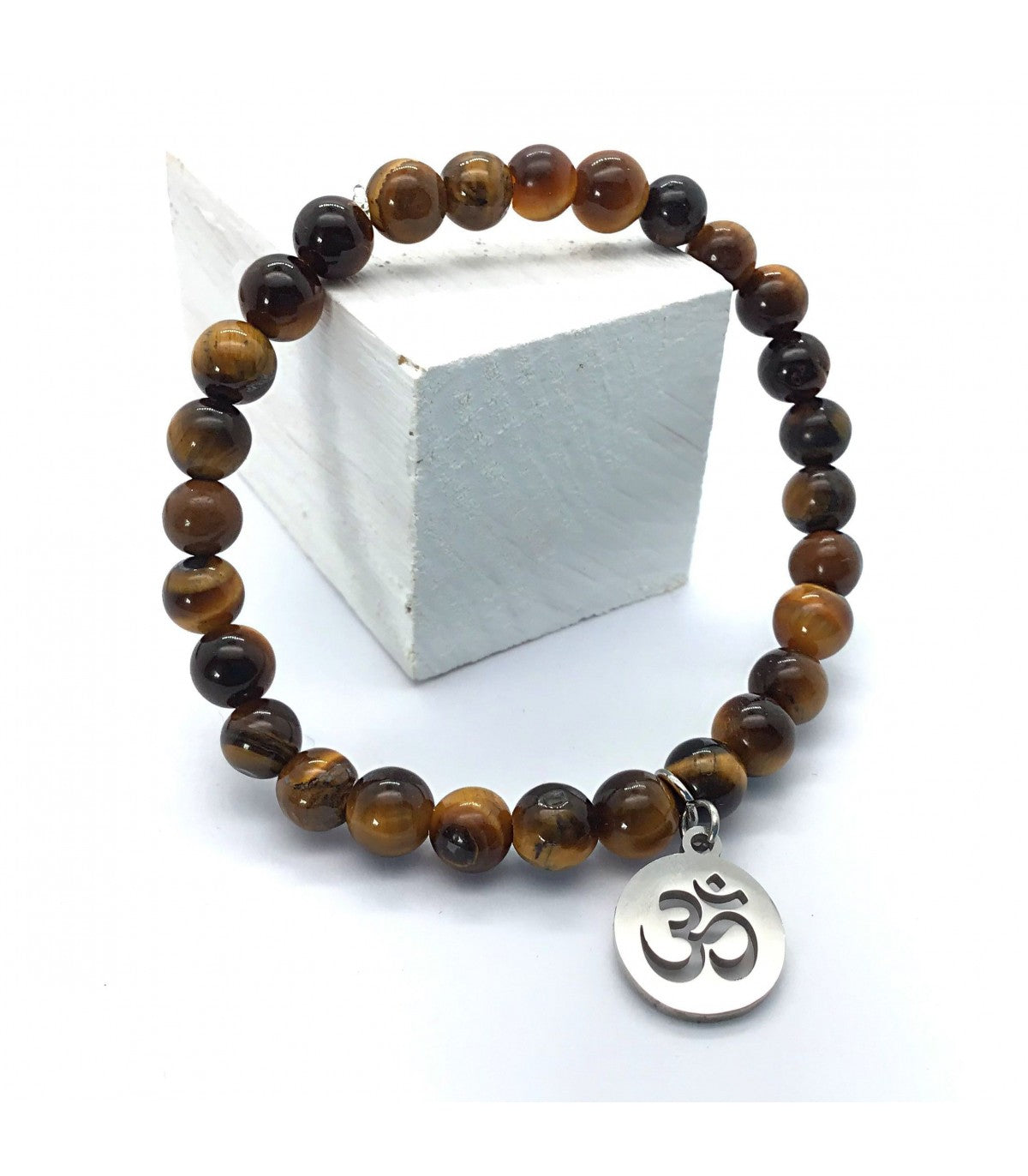 Pulsera ojo de tigre bolas 6mm con dije símbolo OM