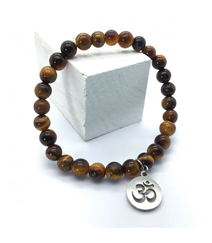 Pulsera ojo de tigre bolas 6mm con dije símbolo OM