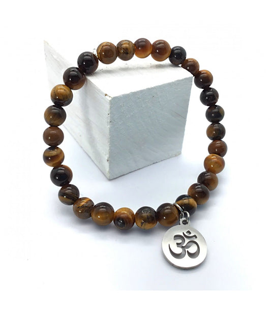 Pulsera ojo de tigre bolas 6mm con dije símbolo OM
