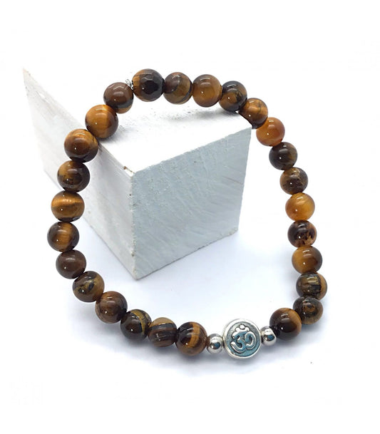 Pulsera ojo de tigre bolas 6mm con símbolo OM