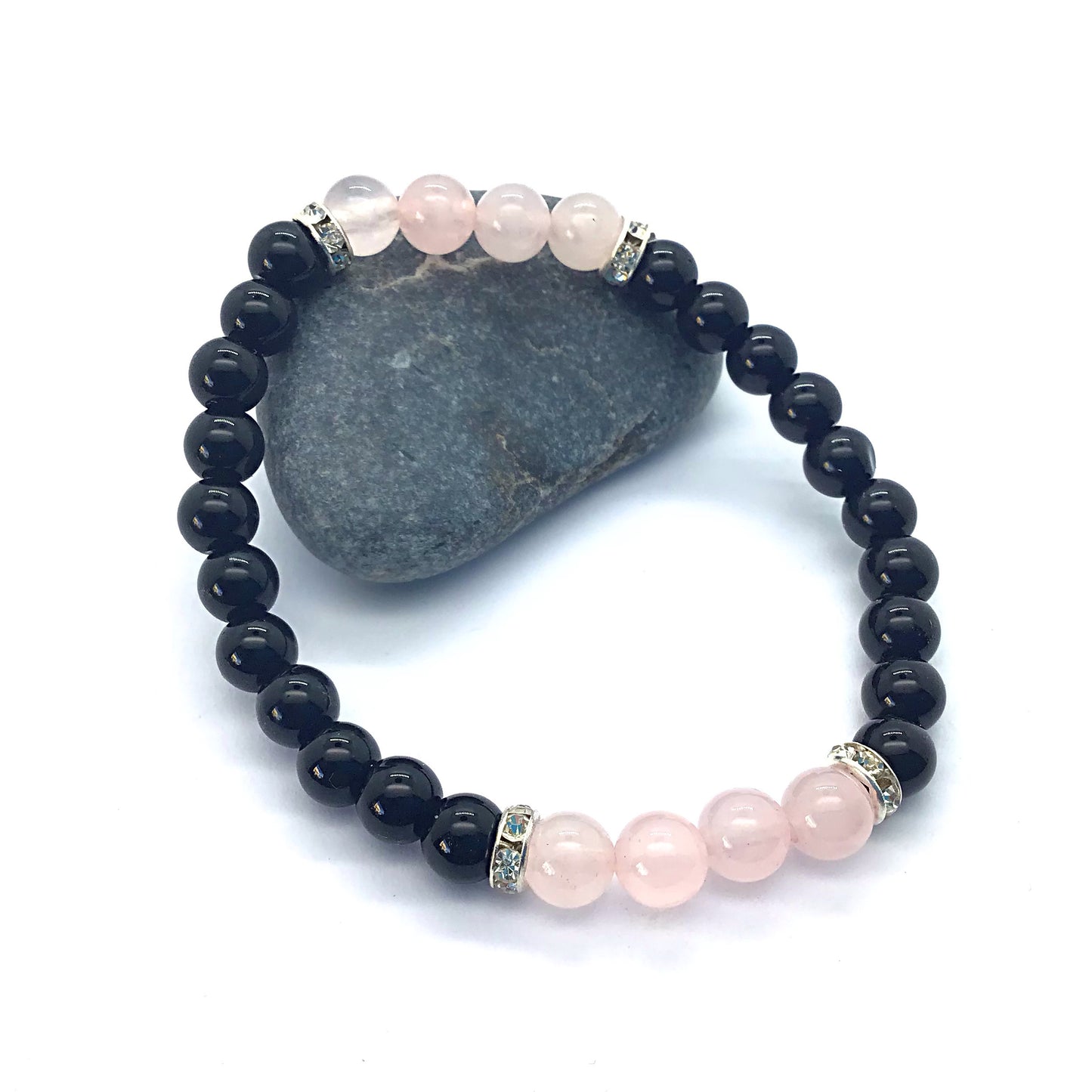 Pulsera cuarzo rosa con obsidiana negra bolas 6mm