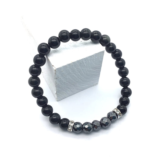 Pulsera hematite facetada con obsidiana negra bolas 6mm