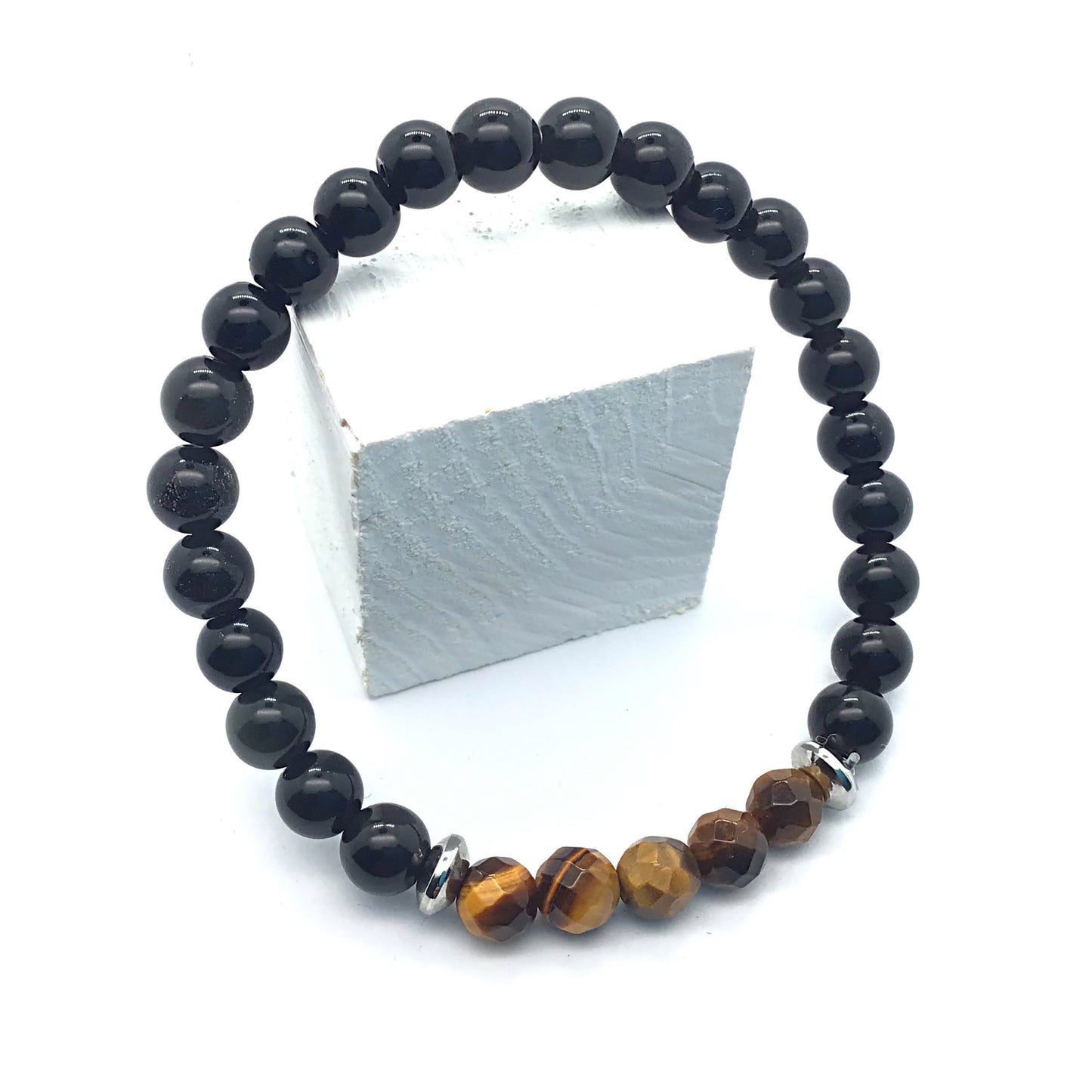 Pulsera ojo de tigre facetada con obsidiana negra bolas 6mm