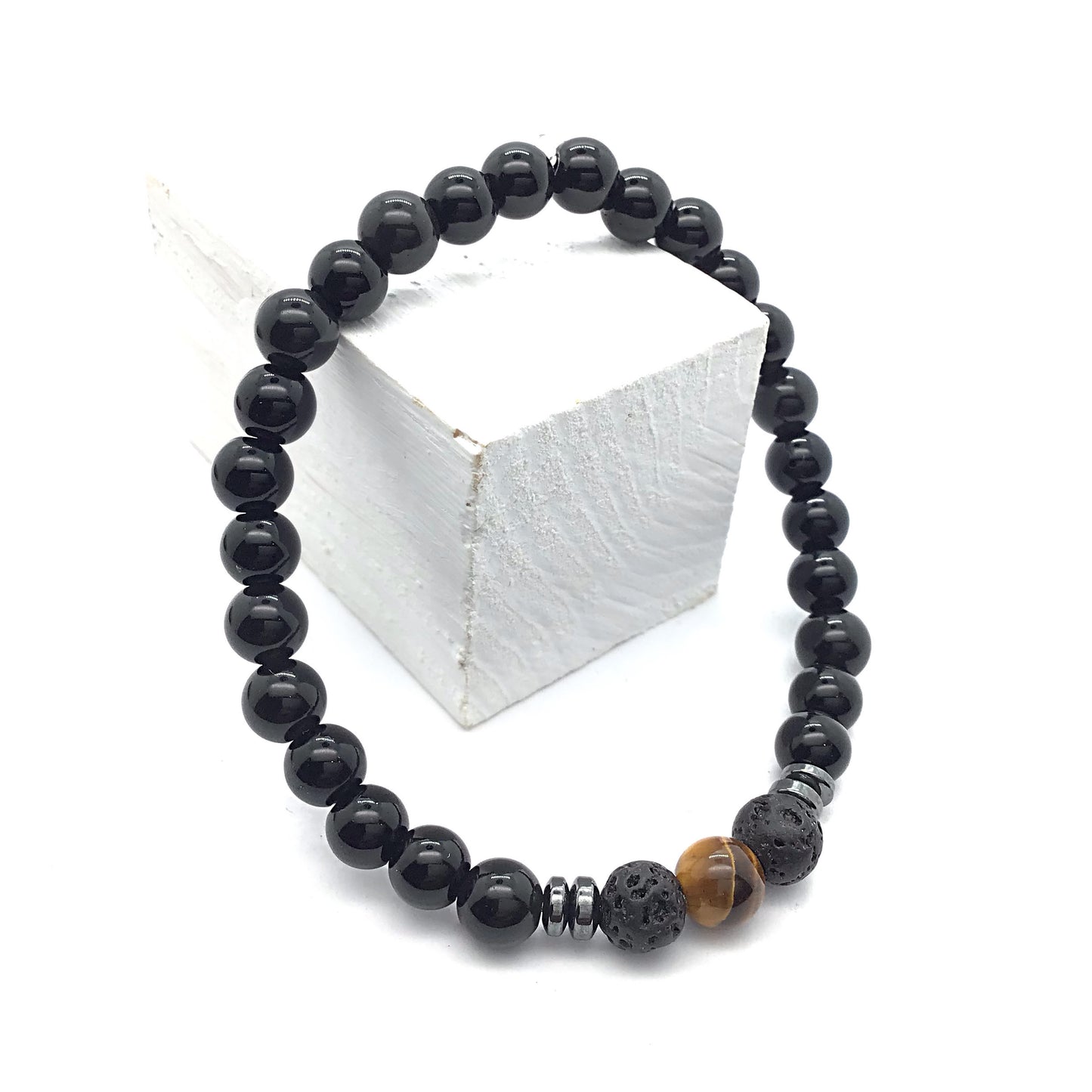 Pulsera ojo de tigre con obsidiana negra y lava bolas 6mm
