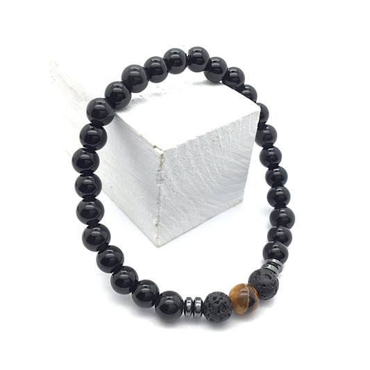 Pulsera ojo de tigre con obsidiana negra y lava bolas 6mm