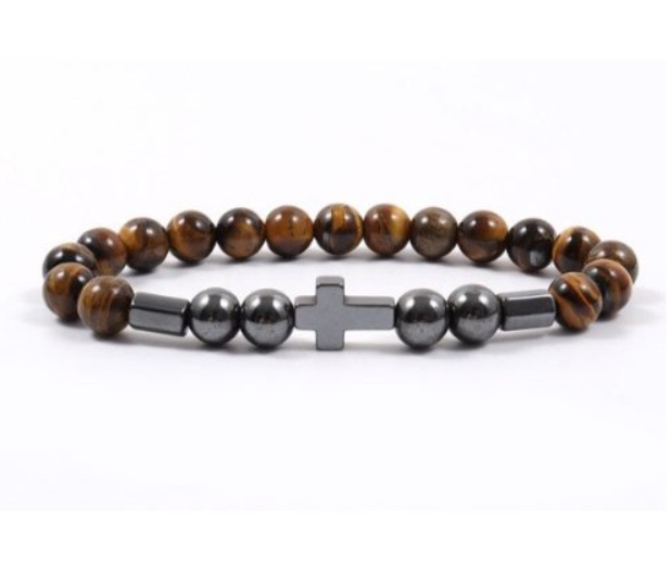 Pulsera hematite con cruz y ojo de tigre bolas 6mm
