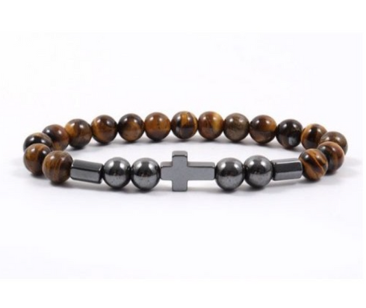 Pulsera hematite con cruz y ojo de tigre bolas 6mm