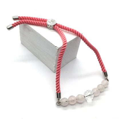 Pulsera cuarzo rosa y bola de cuarzo con seda, ajustable
