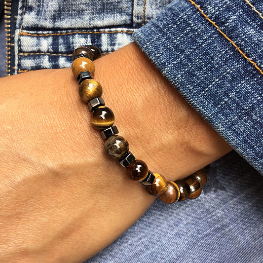 Pulsera ojo de tigre con hematite en forma de tuerca bolas 6mm