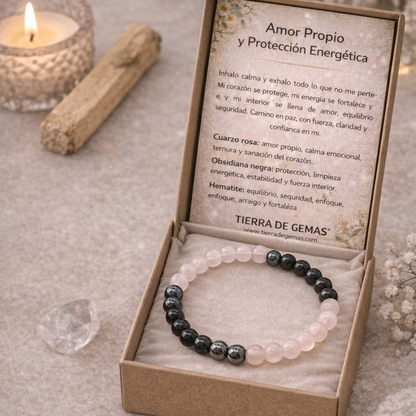 Amor Propio y Protección Energética (pulsera cuarzo rosa con obsidiana negra y hematite bolas 6mm)