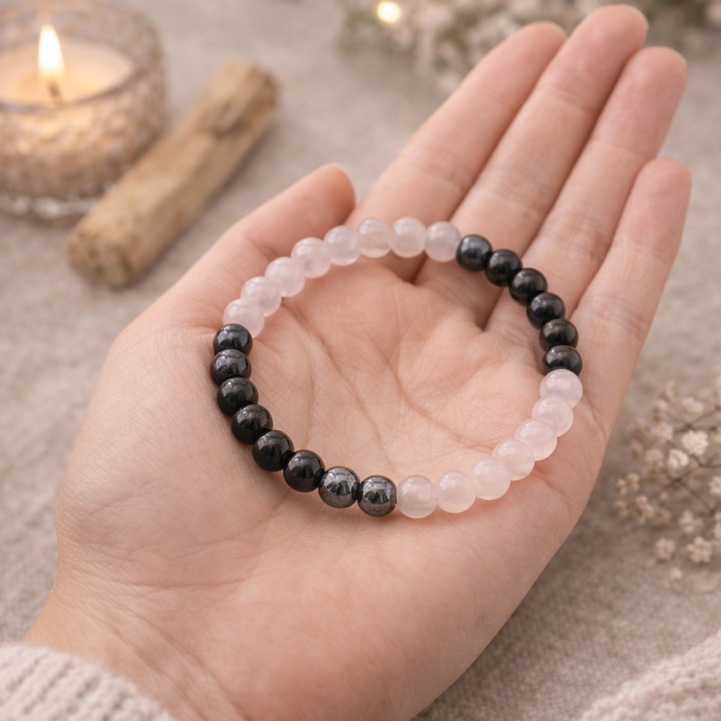 Amor Propio y Protección Energética (pulsera cuarzo rosa con obsidiana negra y hematite bolas 6mm)