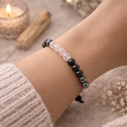 Amor Propio y Protección Energética (pulsera cuarzo rosa con obsidiana negra y hematite bolas 6mm)