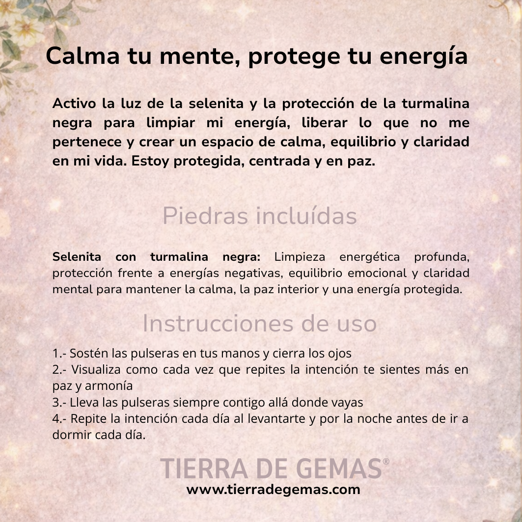 Calma tu mente, protege tu energía (collar selenita con turmalina negra 3-4 cm)