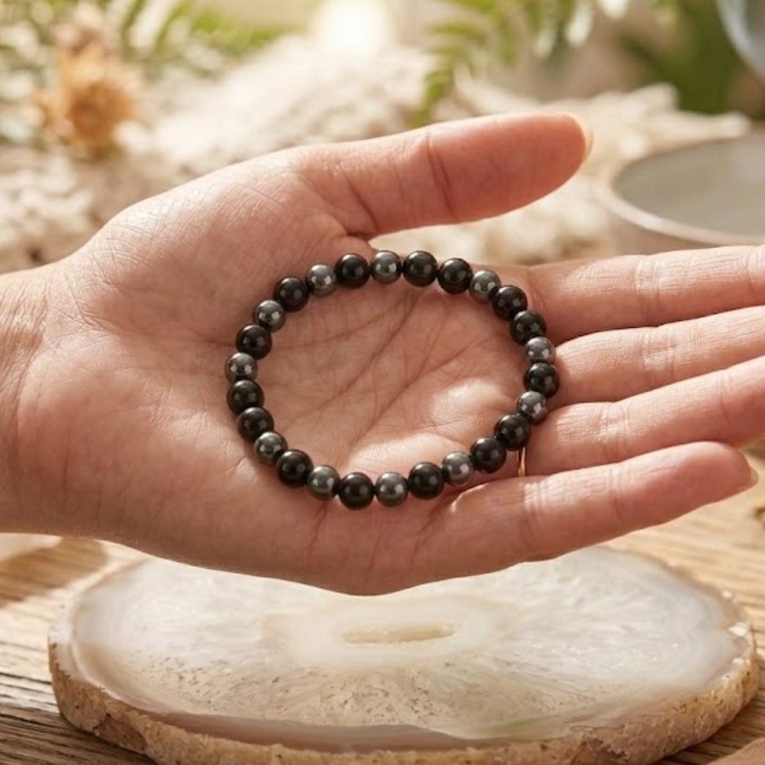 Protección y Fuerza para tu Energía (pulsera hematite con obsidiana negra bolas 4mm)