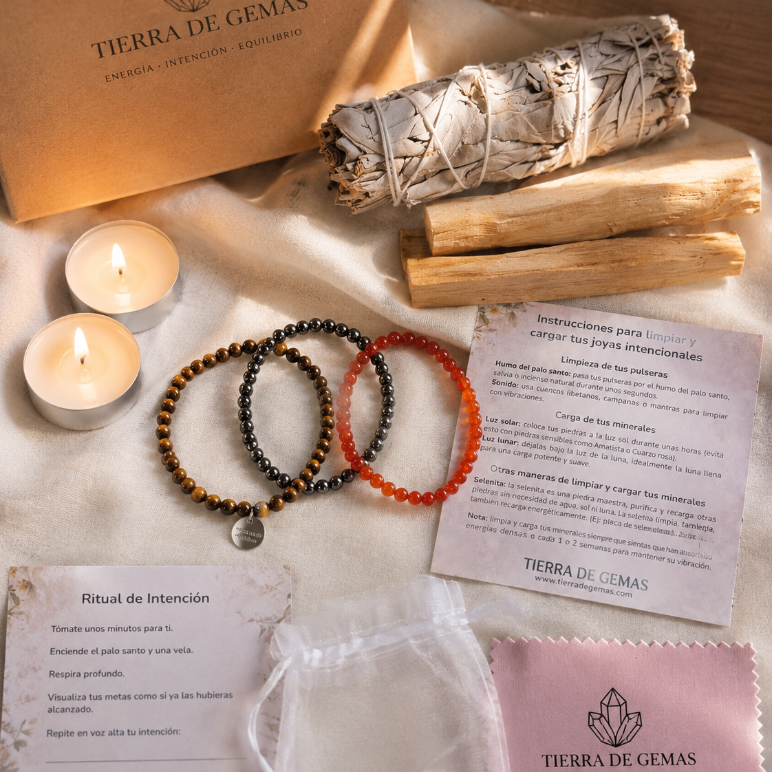 Vuélvete Imparable pack 3 pulseras y ritual (pulsera ojo de tigre, carneola y hematite bolas 4mm, ritual completo)