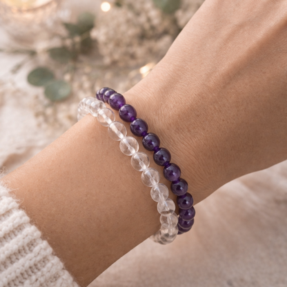 Calma, equilibrio y energía positiva (pack Pulsera Cuarzo y Amatista bolas 6mm)