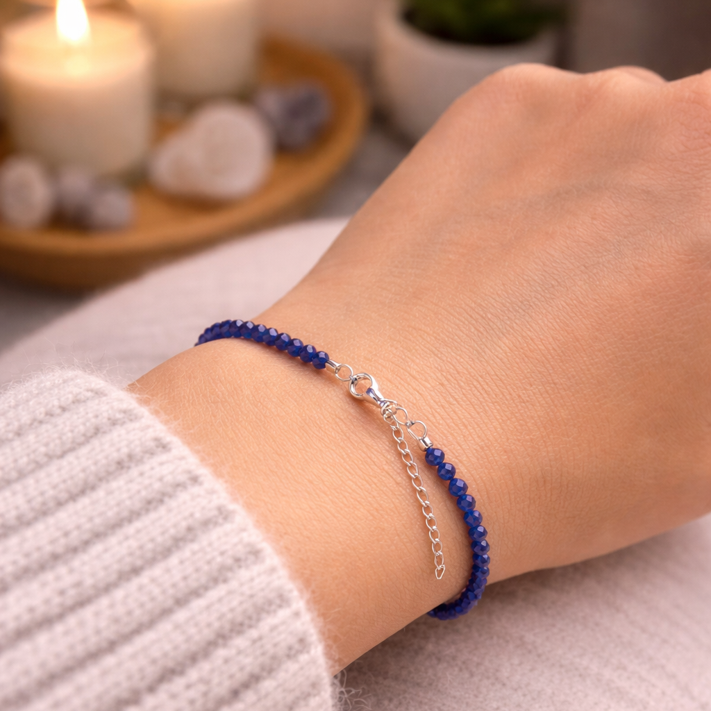Claridad, Intuición y Poder Interior (pulsera lapislázuli facetada 2mm plata de ley)
