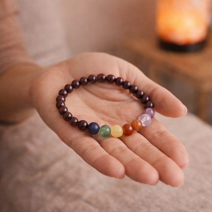 Equilibra tus chakras y activa tu energía interior (pulsera 7 chakras con granate bolas 6mm)