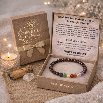 Equilibra tus chakras y activa tu energía interior (pulsera 7 chakras con granate bolas 6mm)