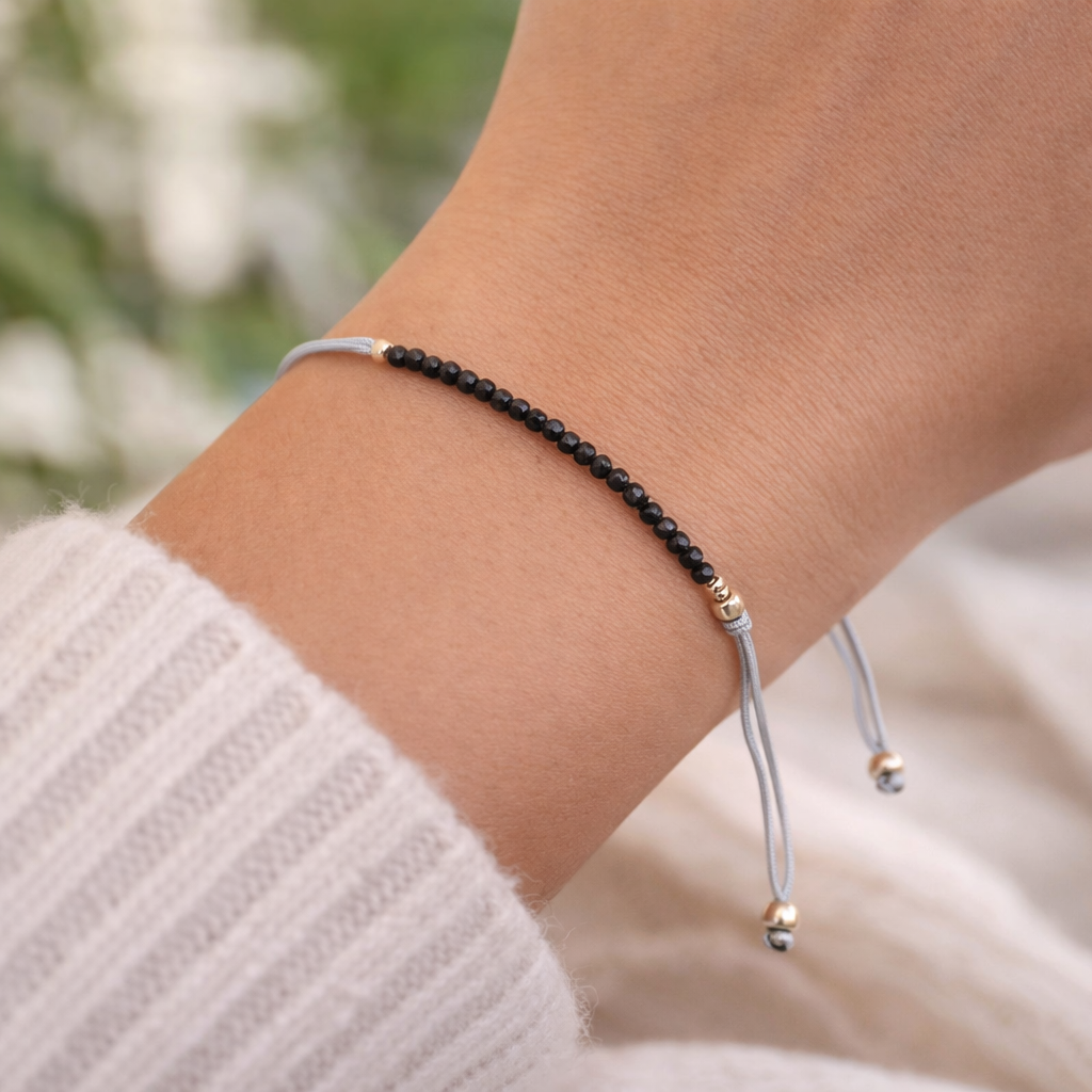 Pulsera turmalina negra facetada bolas 2mm ajustable