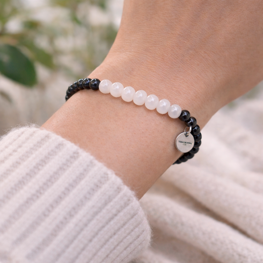 Pulsera piedra luna con obsidiana negra 6mm