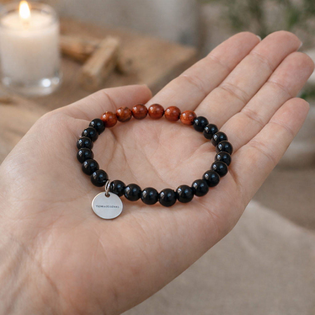Fuerza y Protección Interior (pulsera Jaspe rojo Con Obsidiana negra bolas 6mm)