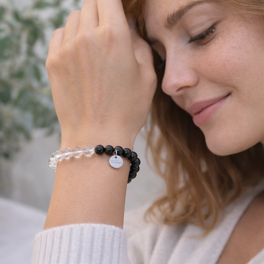 Pulsera cuarzo blanco con obsidiana negra bolas 8mm