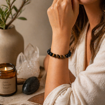 Protección, Fuerza y Claridad Interior (pulsera ojo de tigre con obsidiana negra bolas 8mm)