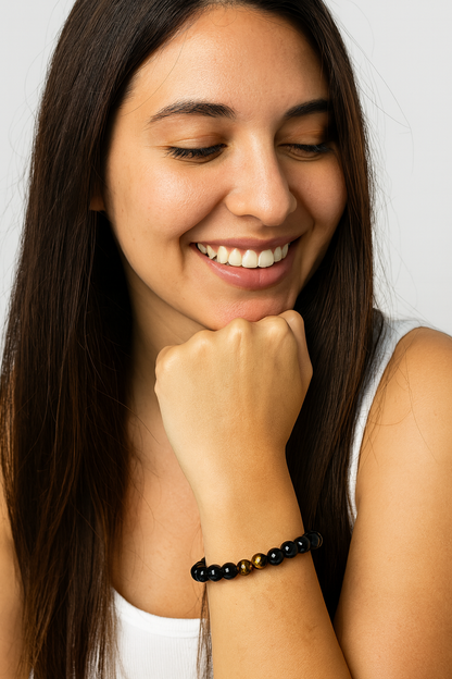 Pulsera Alma Fuerte y  Energía Inquebrantable - Ojo de tigre con obsidiana negra bolas 6mm