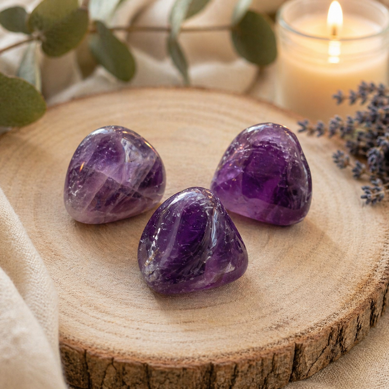 Calma mental, intuición y protección energética (3 piedras amatista Rodado 2-3 cm)