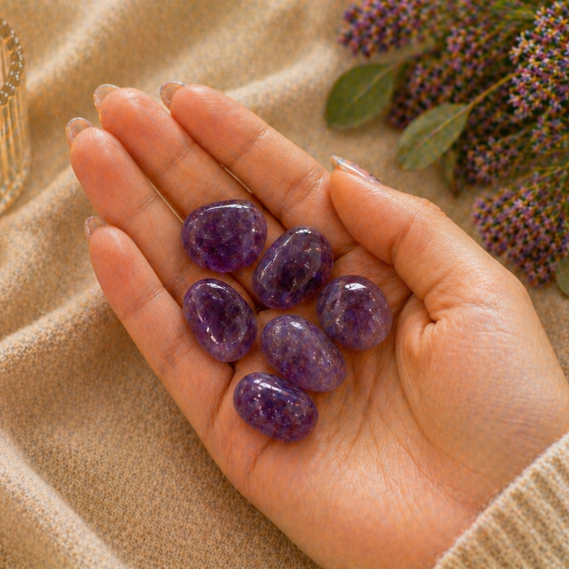 Calma mental, intuición y protección energética (7 piedras amatista Rodado 2-3 cm)