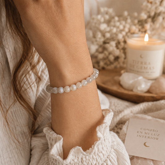 Intuición y Calma (pulsera piedra luna natural bolas 6mm)
