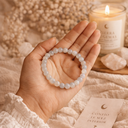 Intuición y Calma (pulsera piedra luna natural bolas 6mm)