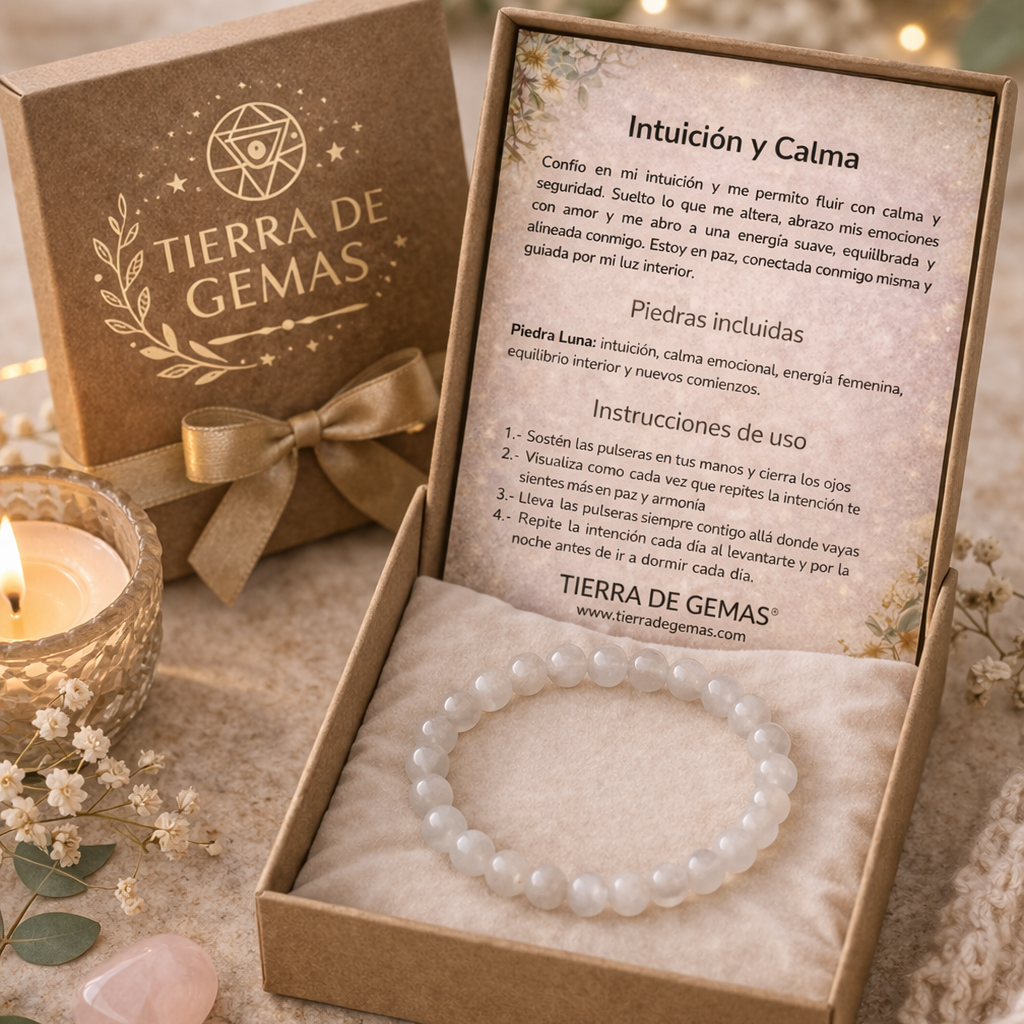 Intuición y Calma (pulsera piedra luna natural bolas 6mm)