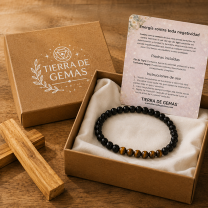 Protección Absoluta y Fuerza Interior – Pulsera Ojo de Tigre y Turmalina Negra