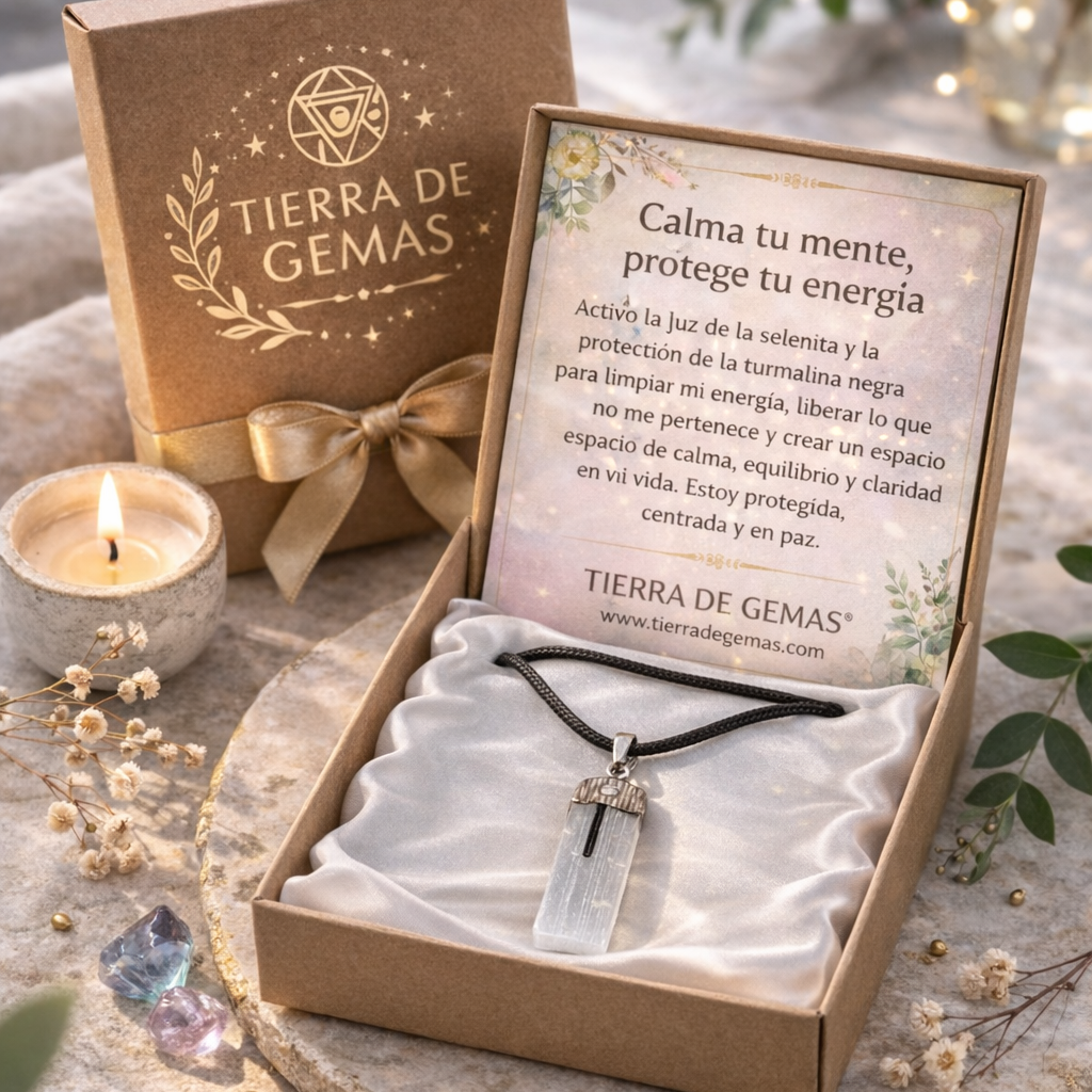 Calma tu mente, protege tu energía (collar selenita con turmalina negra 3-4 cm)