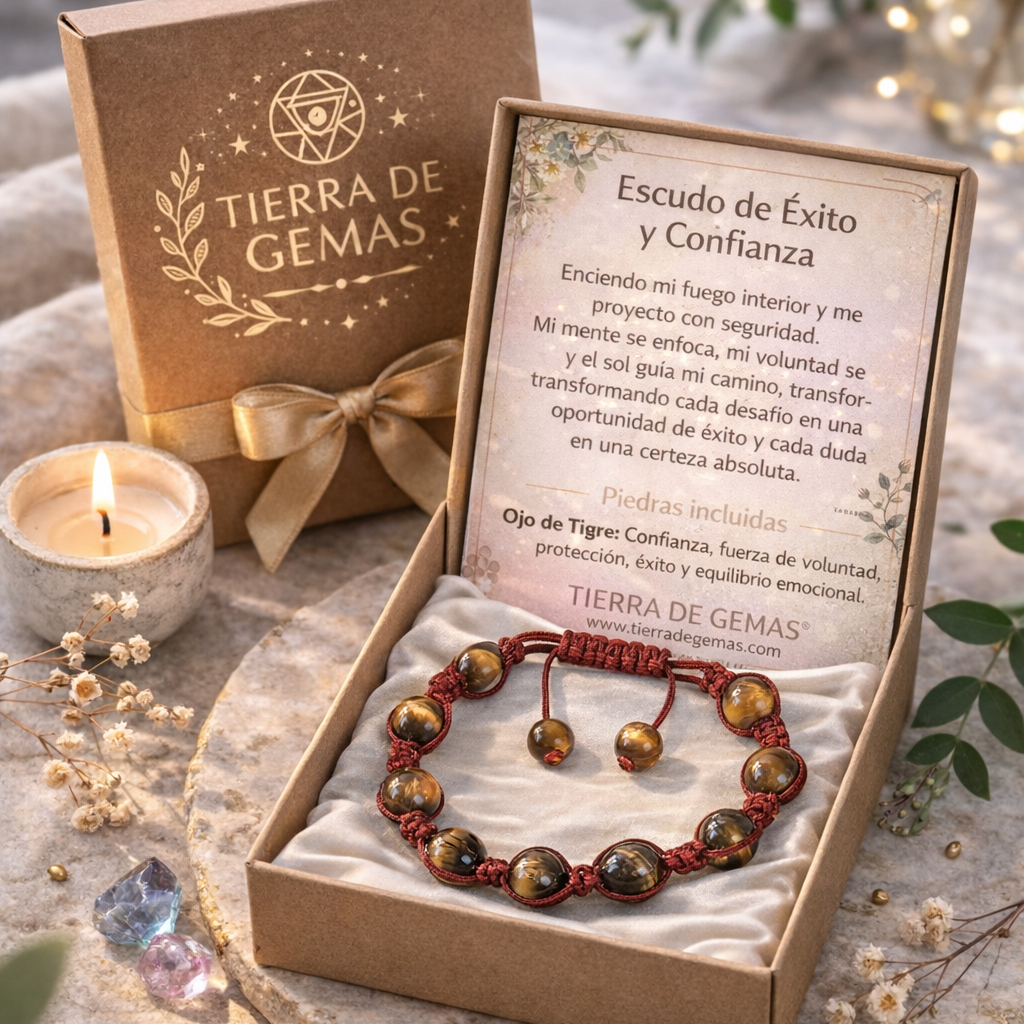 Escudo de éxito y confianza (Pulsera ojo de tigre con macramé bolas 8mm)