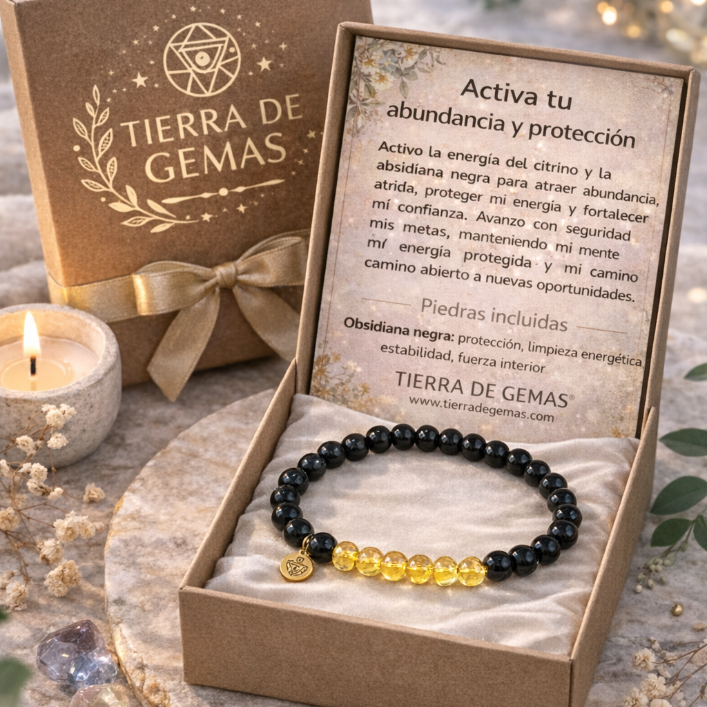 Activa tu abundancia y protección (pulsera Citrino con obsidiana negra bolas 6mm)