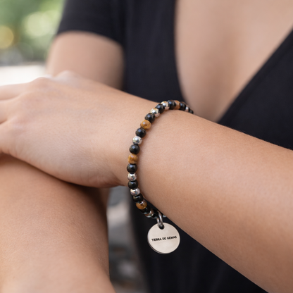 Protección, Fuerza y Confianza en tu Camino (pulsera ojo de tigre, hematite y obsidiana negra bolas 4mm)