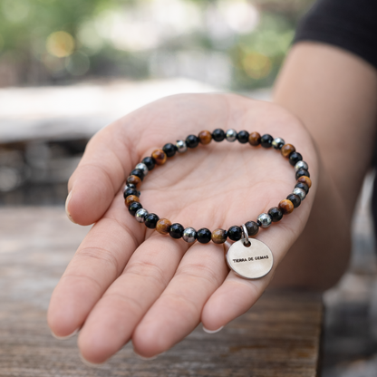 Protección, Fuerza y Confianza en tu Camino (pulsera ojo de tigre, hematite y obsidiana negra bolas 4mm)